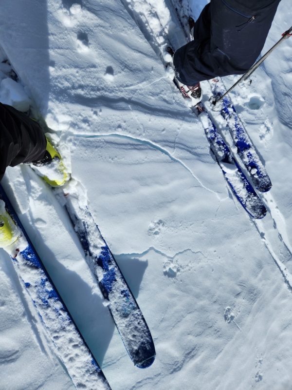 Isolated cracking in hard wind slabs above treeline in Rock Creek